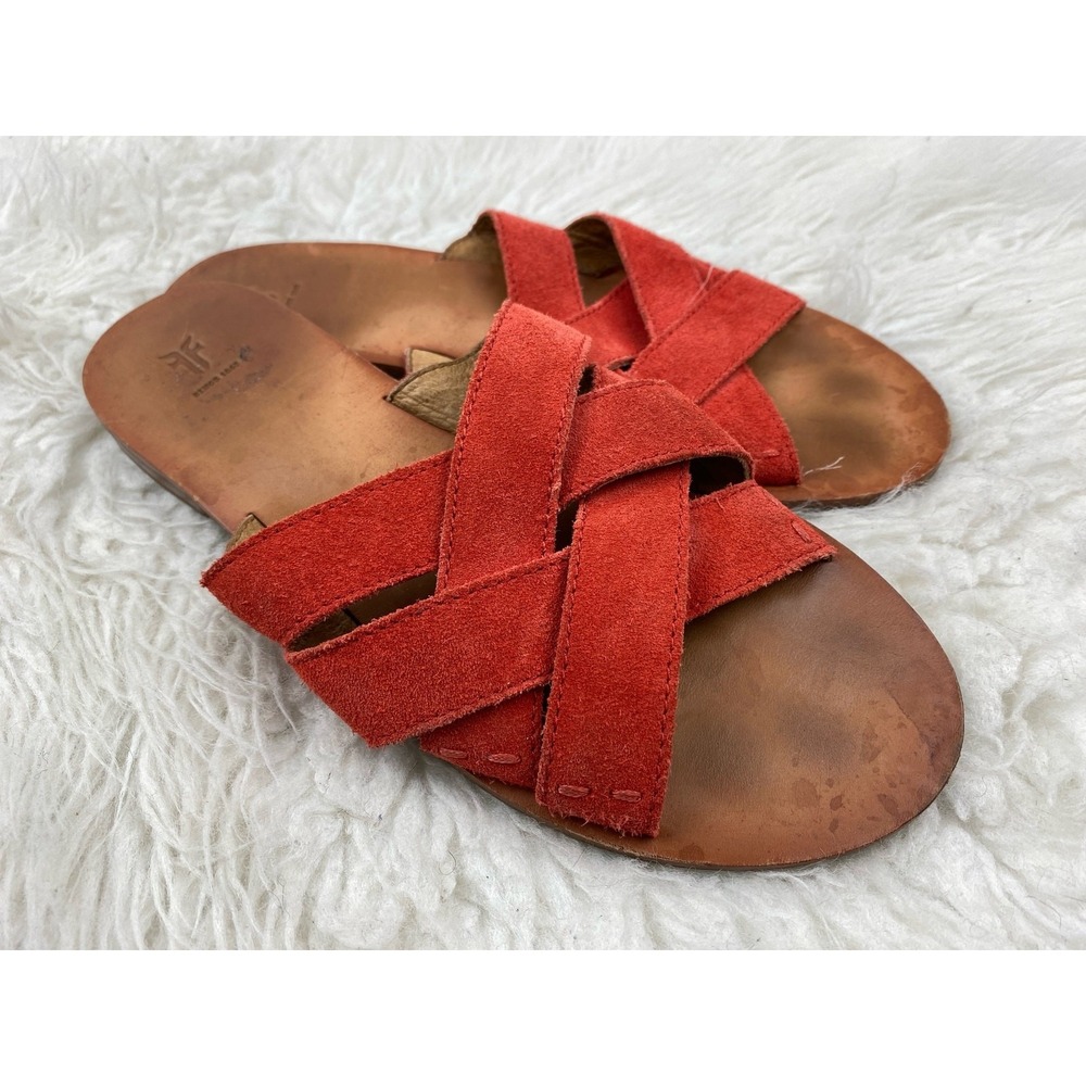 Frye Women's Size 7 Orange Suede Leather Strappy Slip-On Slide Sandals